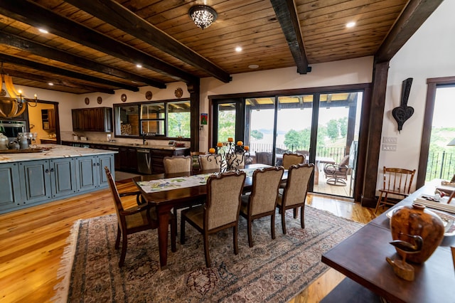 dining space featuring light hardwood / wood-style flooring, beamed ceiling, wooden ceiling, and a notable chandelier