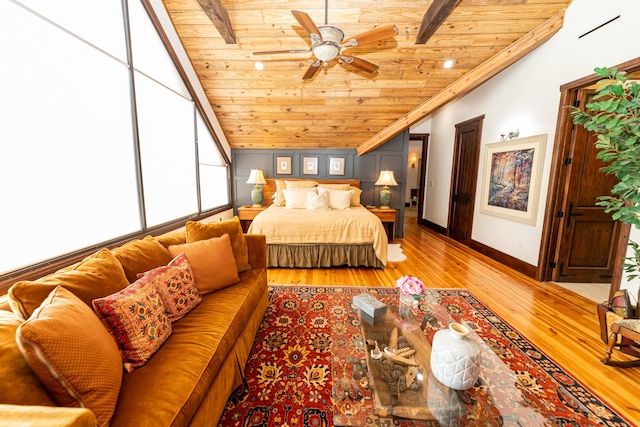 bedroom featuring vaulted ceiling with beams, ceiling fan, light wood-type flooring, and wooden ceiling