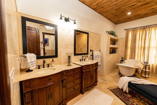 bathroom with a washtub, vanity, tile walls, and wooden ceiling