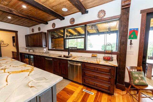 kitchen with wooden ceiling, sink, stainless steel dishwasher, dark brown cabinets, and beam ceiling