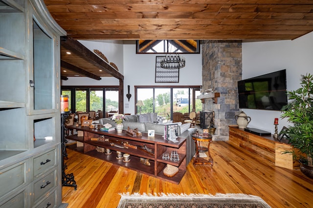 living room featuring light hardwood / wood-style flooring and wood ceiling