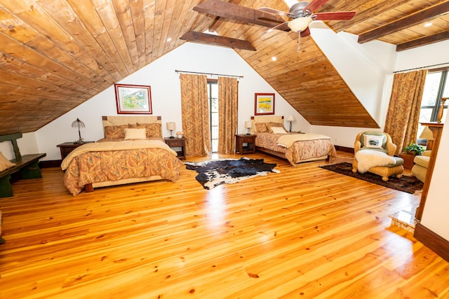 bedroom with lofted ceiling, light hardwood / wood-style flooring, ceiling fan, and wooden ceiling