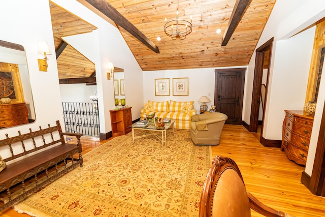 sitting room featuring a chandelier, vaulted ceiling with beams, light hardwood / wood-style flooring, and wooden ceiling