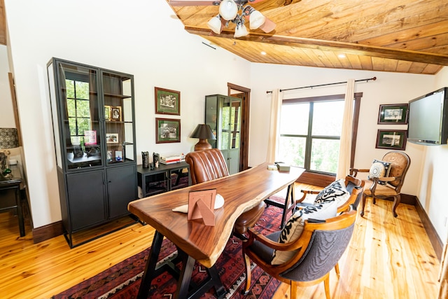 dining space featuring vaulted ceiling with beams, ceiling fan, wood ceiling, and light hardwood / wood-style floors