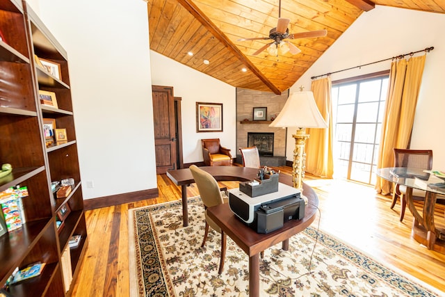 home office featuring a large fireplace, hardwood / wood-style flooring, ceiling fan, and wood ceiling