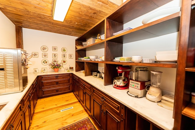 kitchen with light hardwood / wood-style flooring and wood ceiling