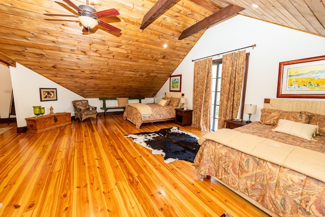 bedroom featuring vaulted ceiling with beams, light wood-type flooring, ceiling fan, and wood ceiling