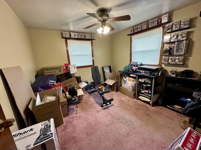 office area with carpet flooring and ceiling fan