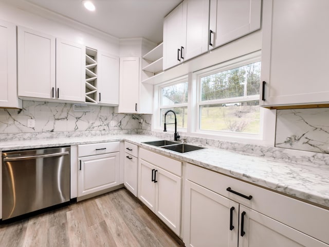 kitchen with open shelves, tasteful backsplash, stainless steel dishwasher, white cabinets, and a sink