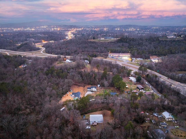 aerial view at dusk with a wooded view