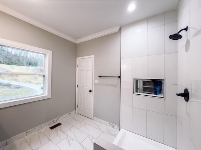 bathroom with a shower and crown molding