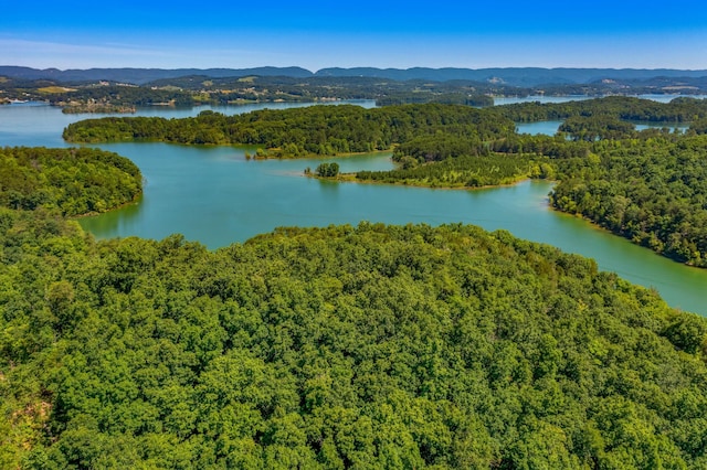 bird's eye view with a water and mountain view