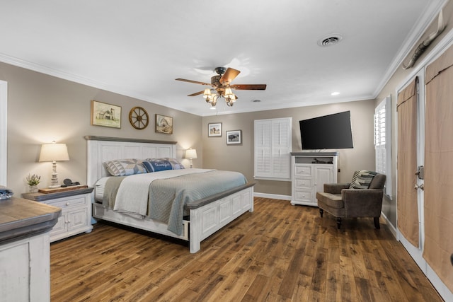 bedroom with ceiling fan, dark wood-type flooring, and ornamental molding