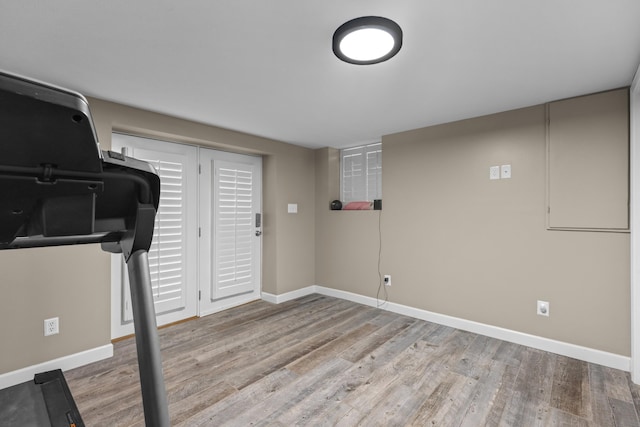 workout area featuring light hardwood / wood-style floors