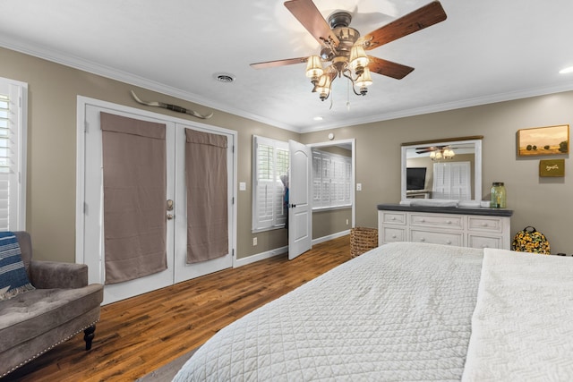 bedroom featuring dark hardwood / wood-style flooring, ceiling fan, crown molding, and french doors