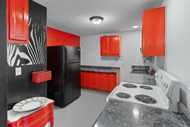 kitchen with a textured ceiling, black refrigerator, white electric stove, and sink