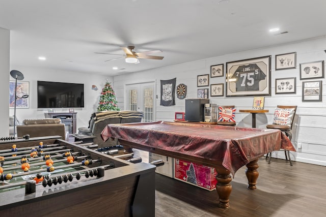 rec room with ceiling fan, wood finished floors, billiards, visible vents, and french doors