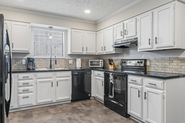 kitchen featuring dark countertops, a sink, under cabinet range hood, and black appliances