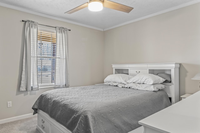 bedroom featuring a textured ceiling, crown molding, and light colored carpet