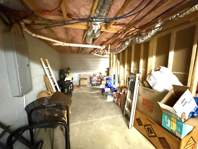 unfinished basement with concrete block wall and electric panel