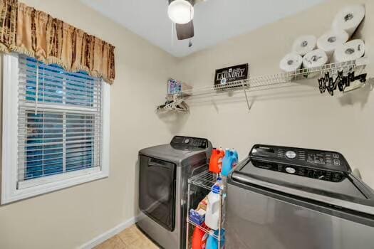 784 Constitution Dr, Jefferson City, TN 37760 - washroom with laundry area, light tile patterned floors, baseboards, ceiling fan, and washing machine and dryer