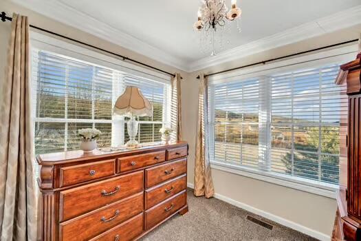 784 Constitution Dr, Jefferson City, TN 37760 - carpeted bedroom with a chandelier, ornamental molding, visible vents, and baseboards