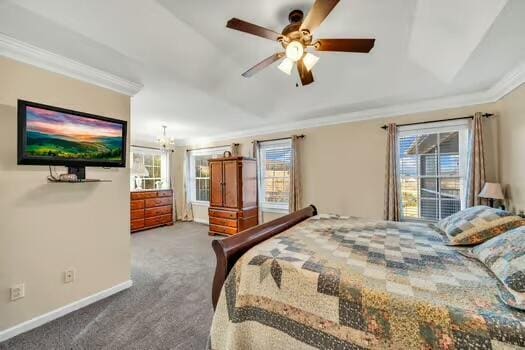 784 Constitution Dr, Jefferson City, TN 37760 - bedroom featuring ornamental molding, carpet, baseboards, and ceiling fan with notable chandelier