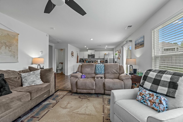 1065 Greenway Dr, Morristown, TN 37813 - living room featuring recessed lighting, visible vents, ceiling fan, and light wood-type flooring