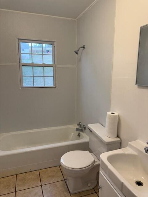 full bath featuring vanity, shower / washtub combination, tile patterned flooring, and toilet