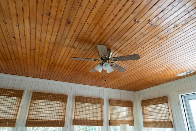 interior details with ceiling fan and wooden ceiling