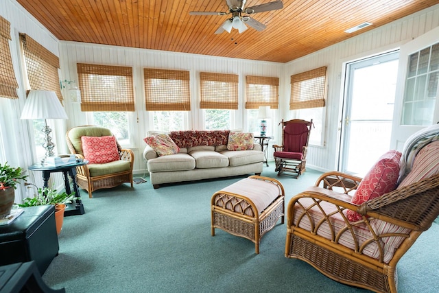 sunroom / solarium with ceiling fan, wooden ceiling, and plenty of natural light