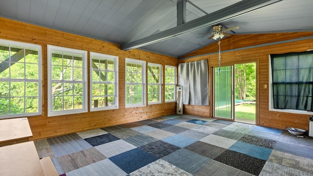 261 Buzzard Roost Rd, Bulls Gap, TN 37711 - unfurnished sunroom featuring wood walls and carpet floors