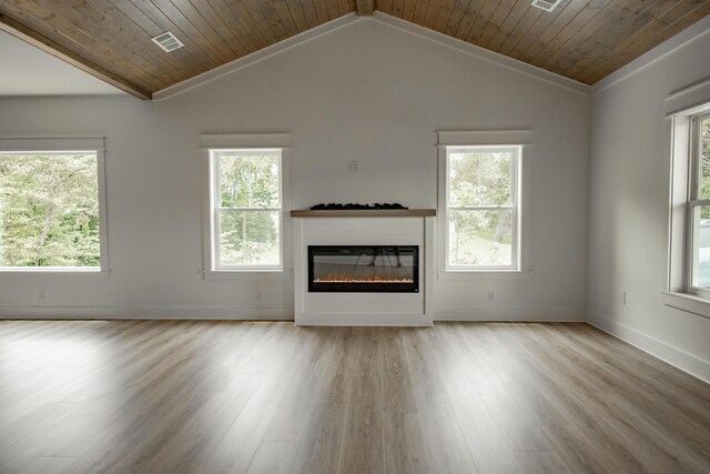 1056 Old Newport Hwy, Dandridge, TN 37725 - unfurnished living room featuring wood ceiling, a glass covered fireplace, light wood-style flooring, recessed lighting, and crown molding
