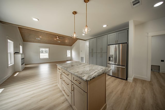 1056 Old Newport Hwy, Dandridge, TN 37725 - kitchen with stainless steel refrigerator with ice dispenser, light wood-type flooring, recessed lighting, a kitchen island, and crown molding