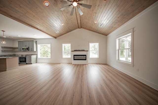 1056 Old Newport Hwy, Dandridge, TN 37725 - unfurnished living room featuring a glass covered fireplace, ceiling fan, healthy amount of natural light, wooden ceiling, and light wood-style floors