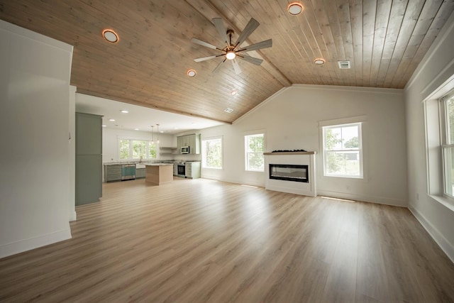 1056 Old Newport Hwy, Dandridge, TN 37725 - unfurnished living room with wood ceiling, plenty of natural light, a glass covered fireplace, recessed lighting, and ceiling fan