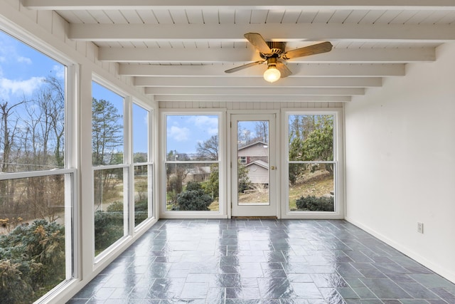 unfurnished sunroom with beam ceiling and plenty of natural light