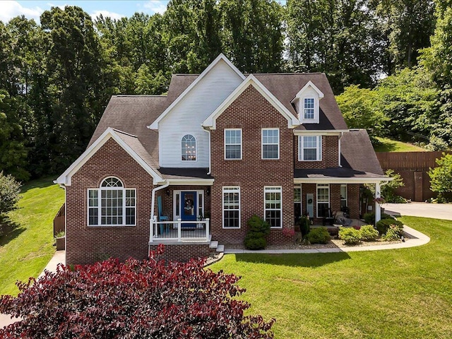 view of front of house with a front yard and a porch