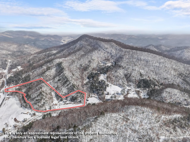 245 Fox Branch Rd, Kyles Ford, TN 37765 - snowy aerial view featuring a mountain view and property boundaries highlighted