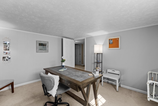 home office with light carpet, a textured ceiling, and baseboards