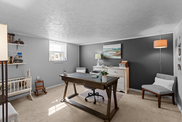 office area with light colored carpet, crown molding, a textured ceiling, and baseboards