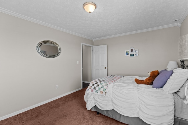 carpeted bedroom featuring ornamental molding, a textured ceiling, and baseboards