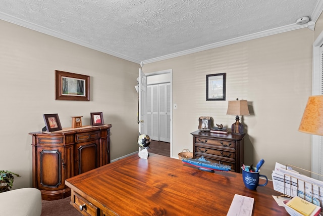 office space featuring a textured ceiling and crown molding