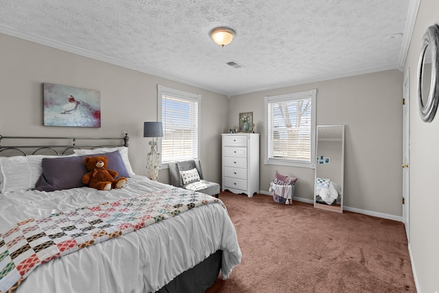 bedroom with carpet, visible vents, crown molding, and multiple windows