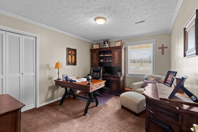 office space featuring a textured ceiling, visible vents, baseboards, dark carpet, and crown molding