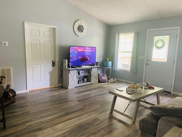 living room featuring a textured ceiling, dark hardwood / wood-style floors, and vaulted ceiling