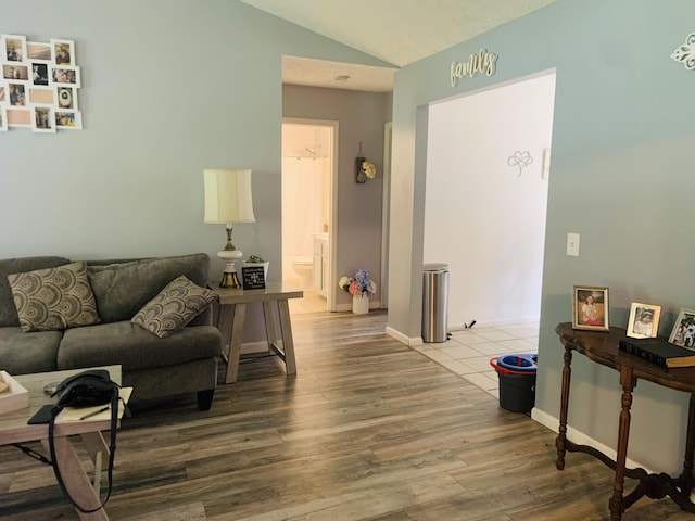 living room with wood-type flooring and vaulted ceiling