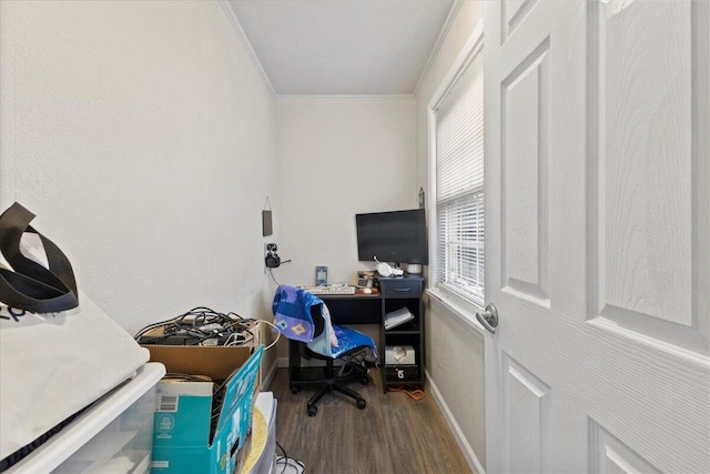 office space with ornamental molding and wood-type flooring