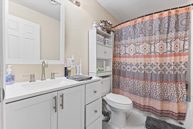 bathroom featuring vanity, toilet, tile patterned flooring, and a shower with shower curtain