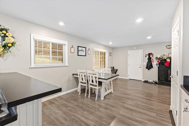 dining space with hardwood / wood-style floors